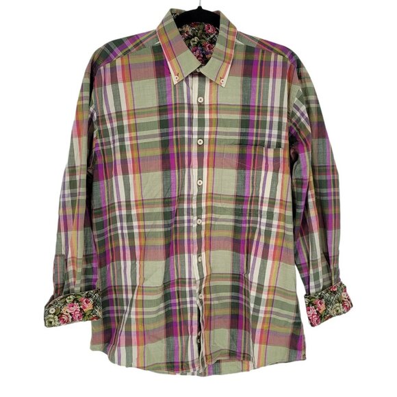 Alan Flusser mens medium green stripe floral contrast cuff button down shirt - Picture 1 of 10